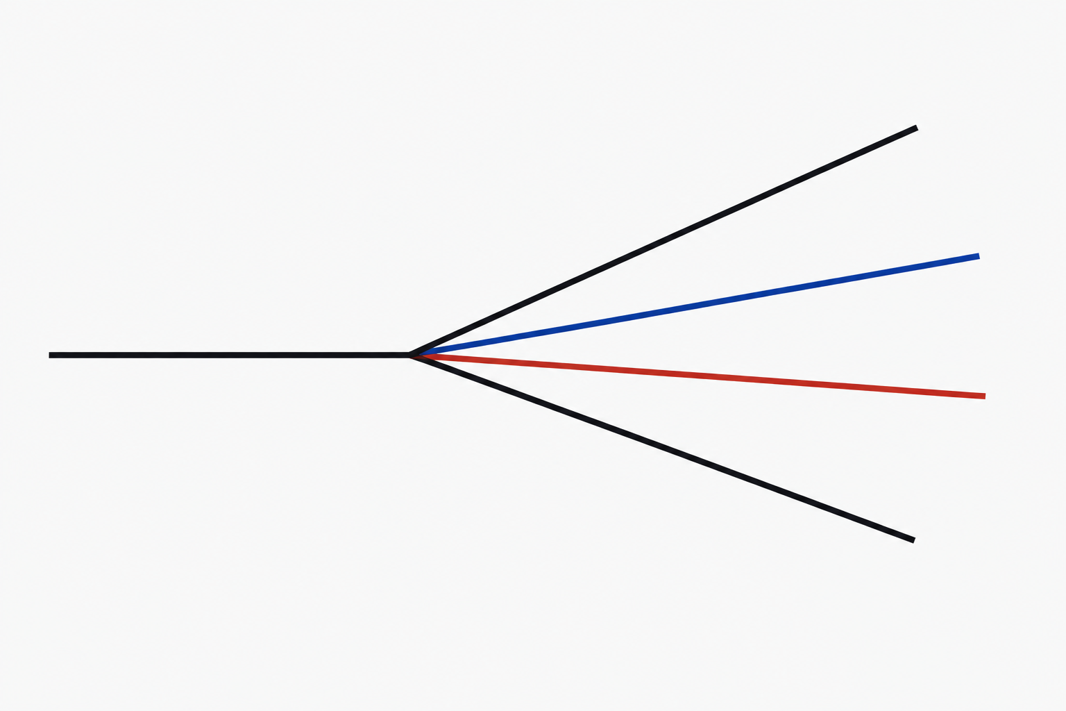 Abstract geometric image on a near-white ground: a single black line enters from the left and splits into four lines that fan outward to the right, one blue, one red, two black.